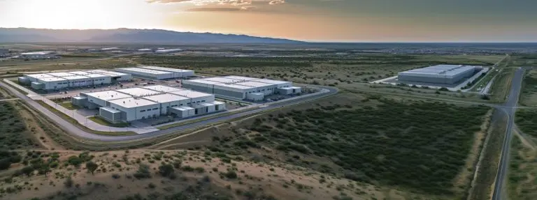 Aerial conceptual view of a large data center campus surrounded by open land